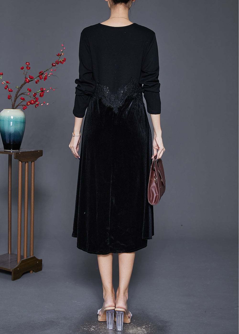 Women Black V Neck Patchwork Silk Velour Maxi Dresses Fall