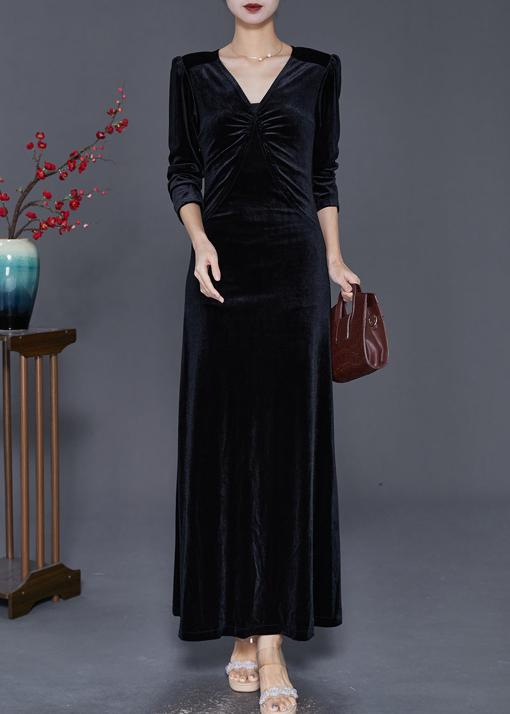 Women Black V Neck Wrinkled Silk Velour Holiday Dress Fall