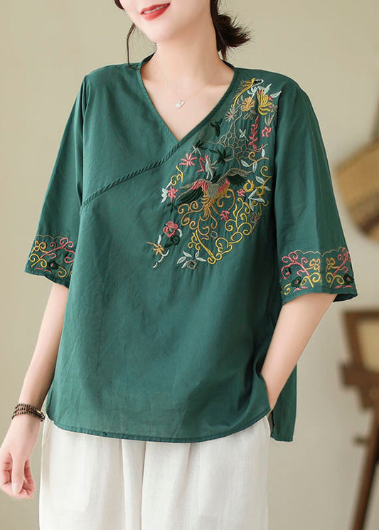 Women Blackish Green Embroidered Side Open Cotton Blouses Summer