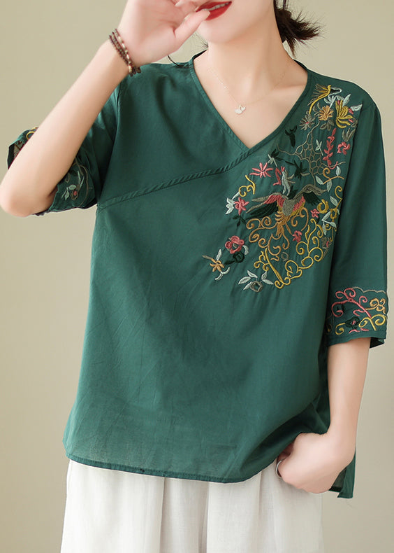 Women Blackish Green Embroidered Side Open Cotton Blouses Summer