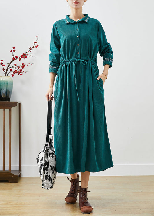 Women Blackish Green Embroidered Corduroy Cinched Dresses Fall