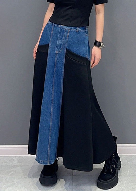 Women Blue Patchwork Black High Waist Denim Maxi Fish Tail Skirts