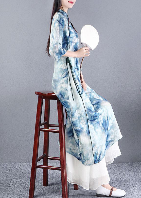 Women Blue Tie Dye Slim Fit Linen Dress Fall