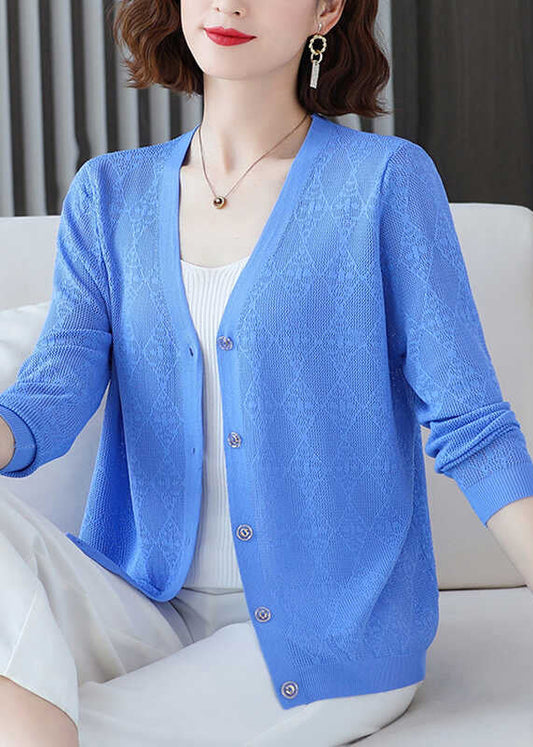 Women Blue V Neck Ice Silk Knit Loose Coat Fall