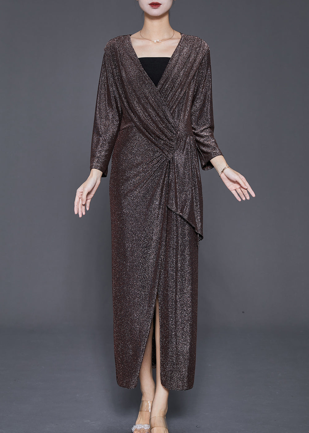 Women Brown Asymmetrical Side Open Silk Velour Dresses Fall