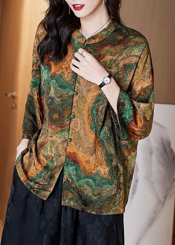 Women Black-texture Stand Collar Button Print Patchwork Silk Blouse Top Summer