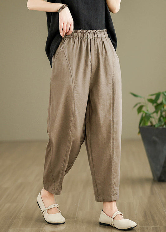 Women Camel Pockets Elastic Waist Cotton Pants Fall