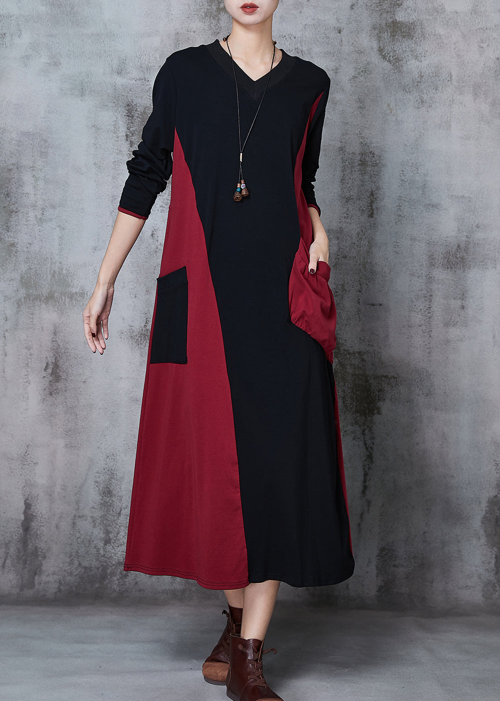 Women Colorblock Asymmetrical Patchwork Cotton Robe Dresses Spring