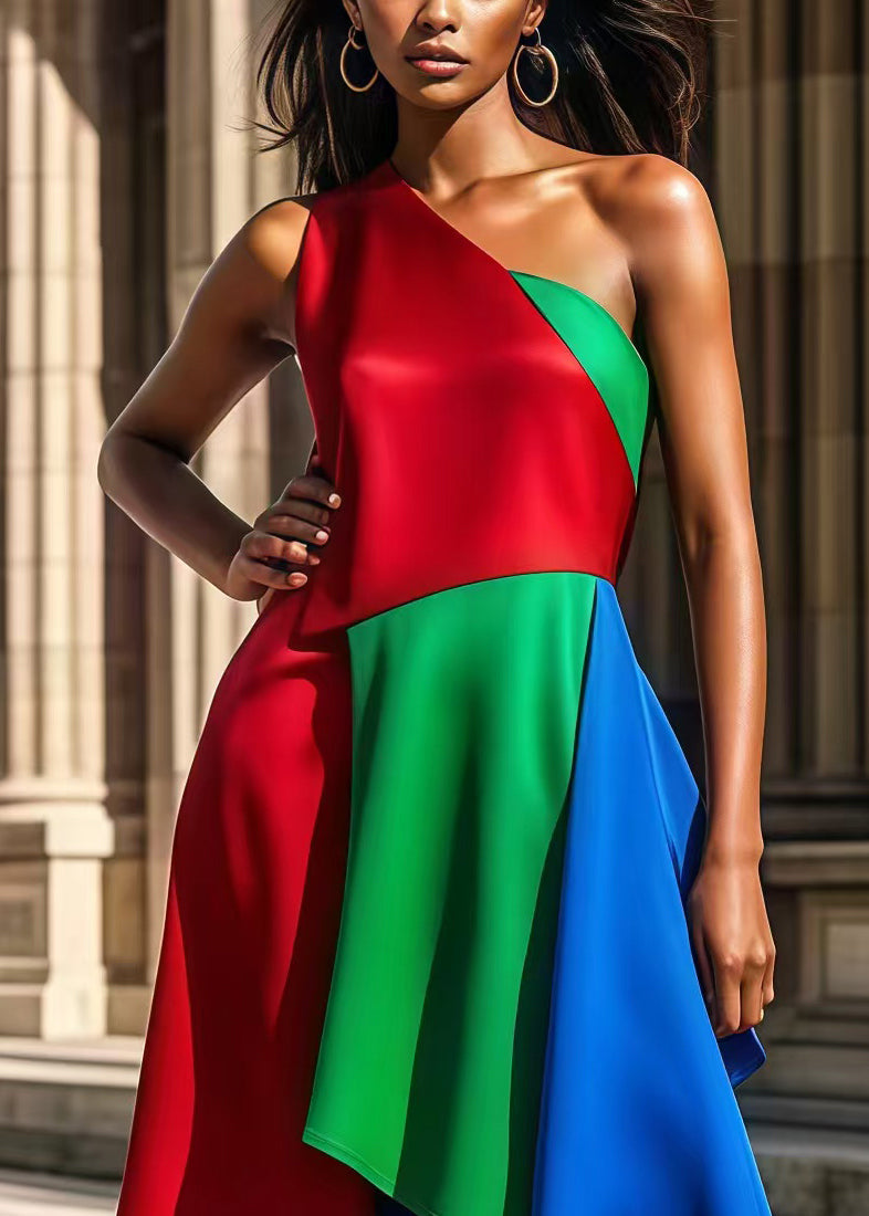 Women Colorblock One Shoulder Patchwork Silk Party Dress Summer