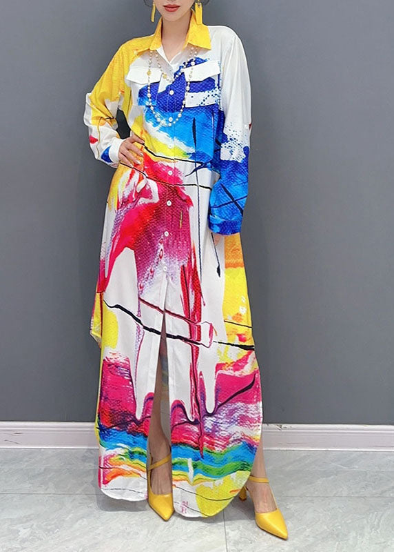 Women Colorblock Peter Pan Collar Print Button Maxi Shirts Dress Fall