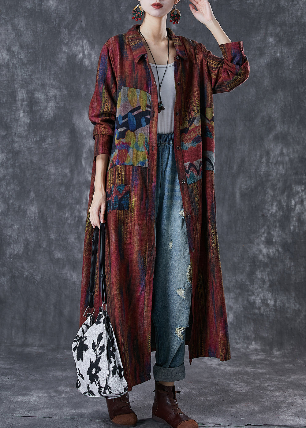 Women Dull Red Oversized Print Linen Trench Spring