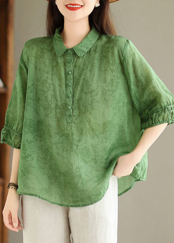 Women Green Button Print Linen Shirt Summer