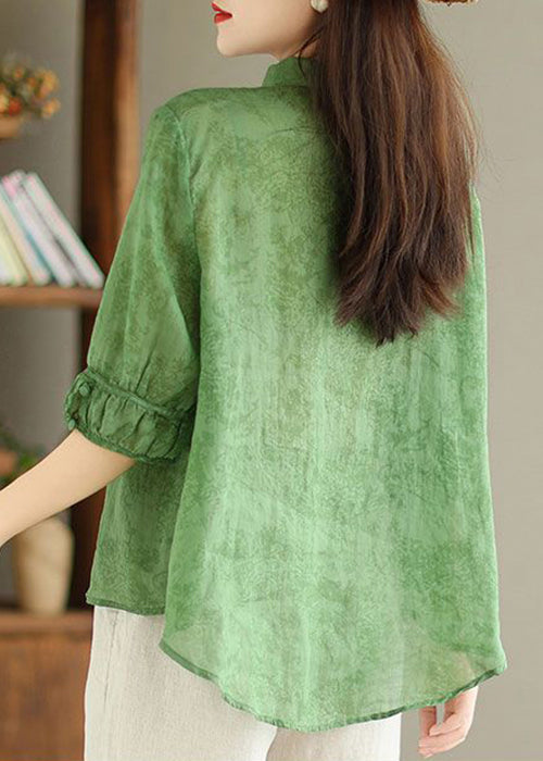 Women Green Button Print Linen Shirt Summer