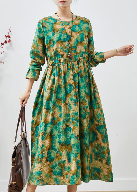 Women Green Cinched Print Cotton Long Dress Spring