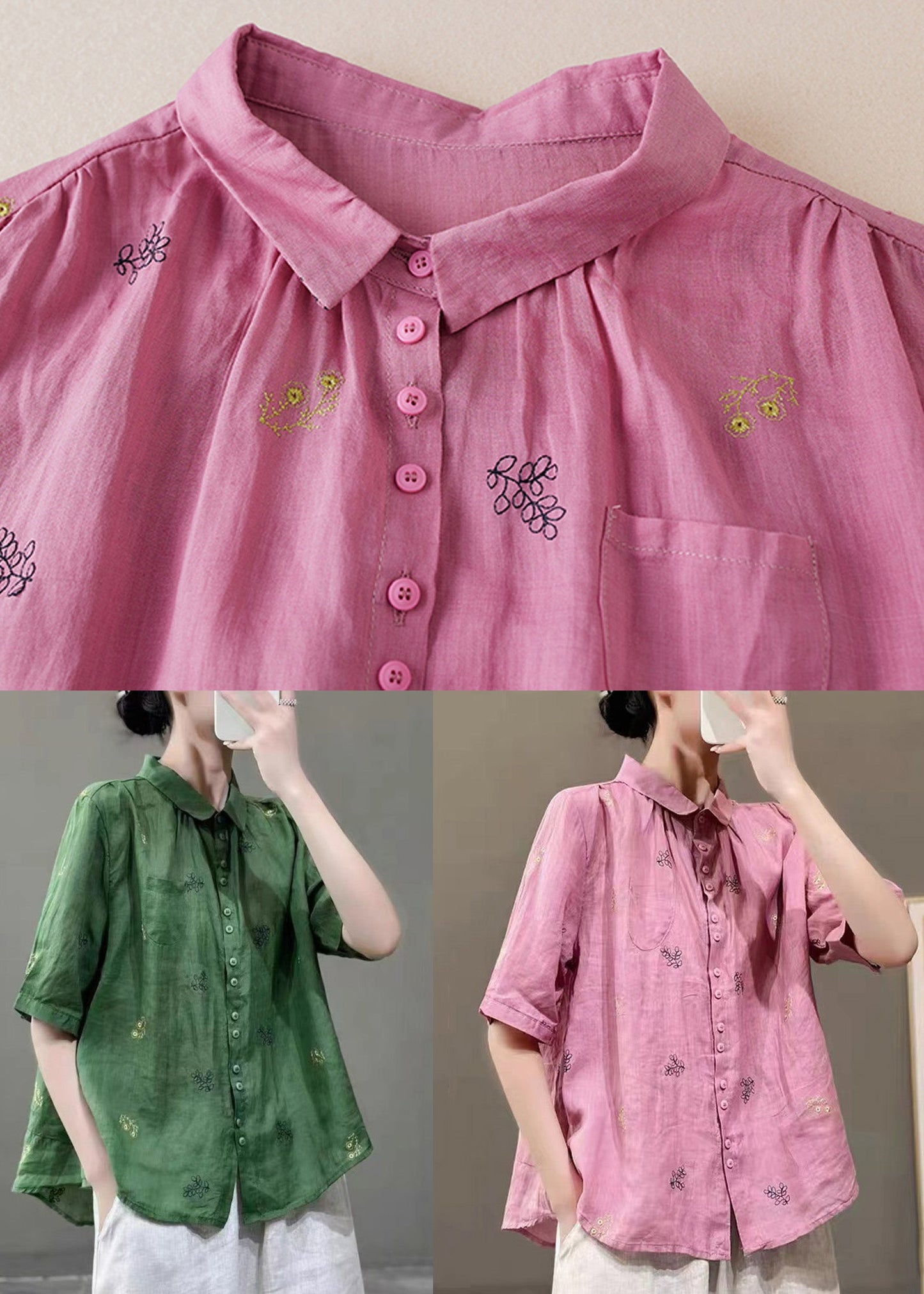 Women Green Peter Pan Collar Embroidered Patchwork Cotton Shirts Top Summer