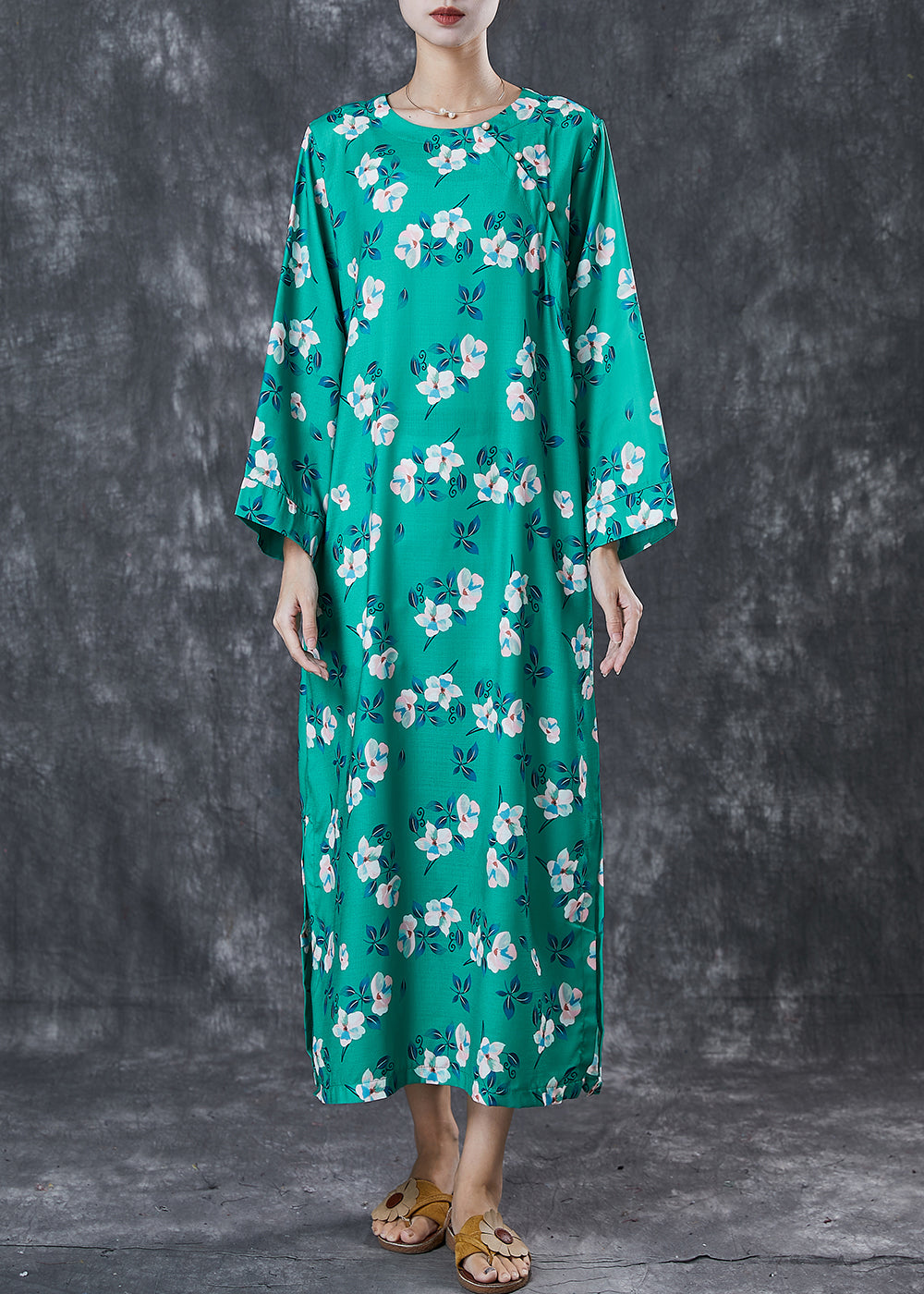 Women Green Print Side Open Cotton Long Dresses Spring