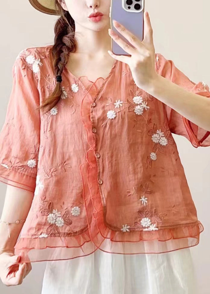 Women Green Ruffled Embroidered Patchwork Linen Blouse Top Summer