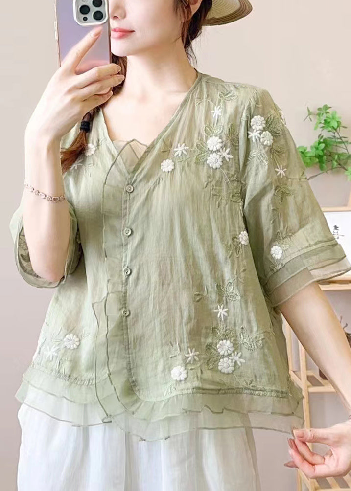 Women Green Ruffled Embroidered Patchwork Linen Blouse Top Summer