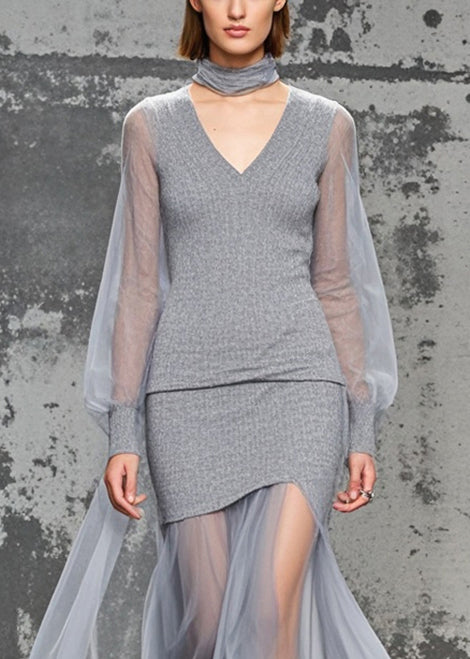 Women Grey V Neck Patchwork Tulle Knitwear Dress Fall