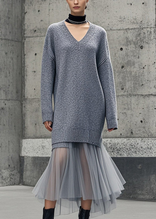 Women Grey V Neck Patchwork Tulle Knitwear Dress Winter