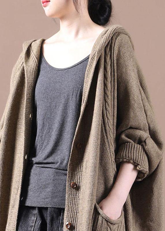 Women Khaki Button Pockets Fall Long Cardigans Coat