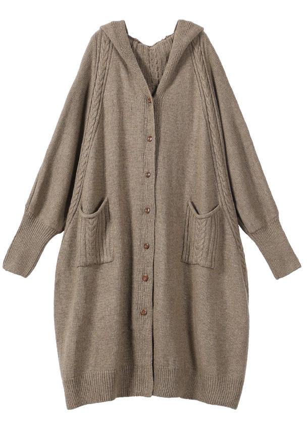 Women Khaki Button Pockets Fall Long Cardigans Coat