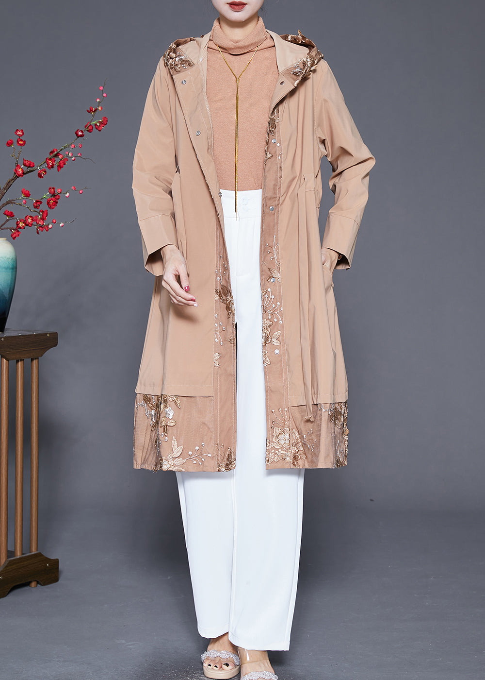 Women Khaki Embroidered Patchwork Cinched Spandex Trench Fall