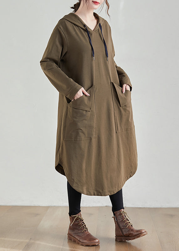 Women Khaki Hooded Pockets Patchwork Cotton Dress Fall