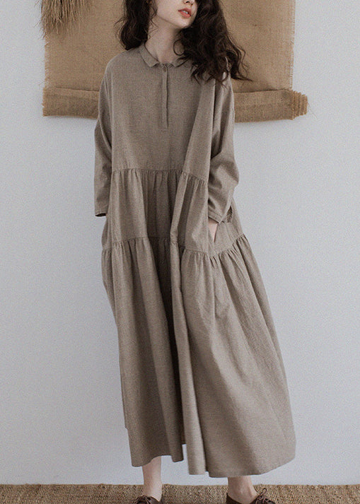 Women Khaki Pockets Wrinkled Patchwork Linen Dresses Fall