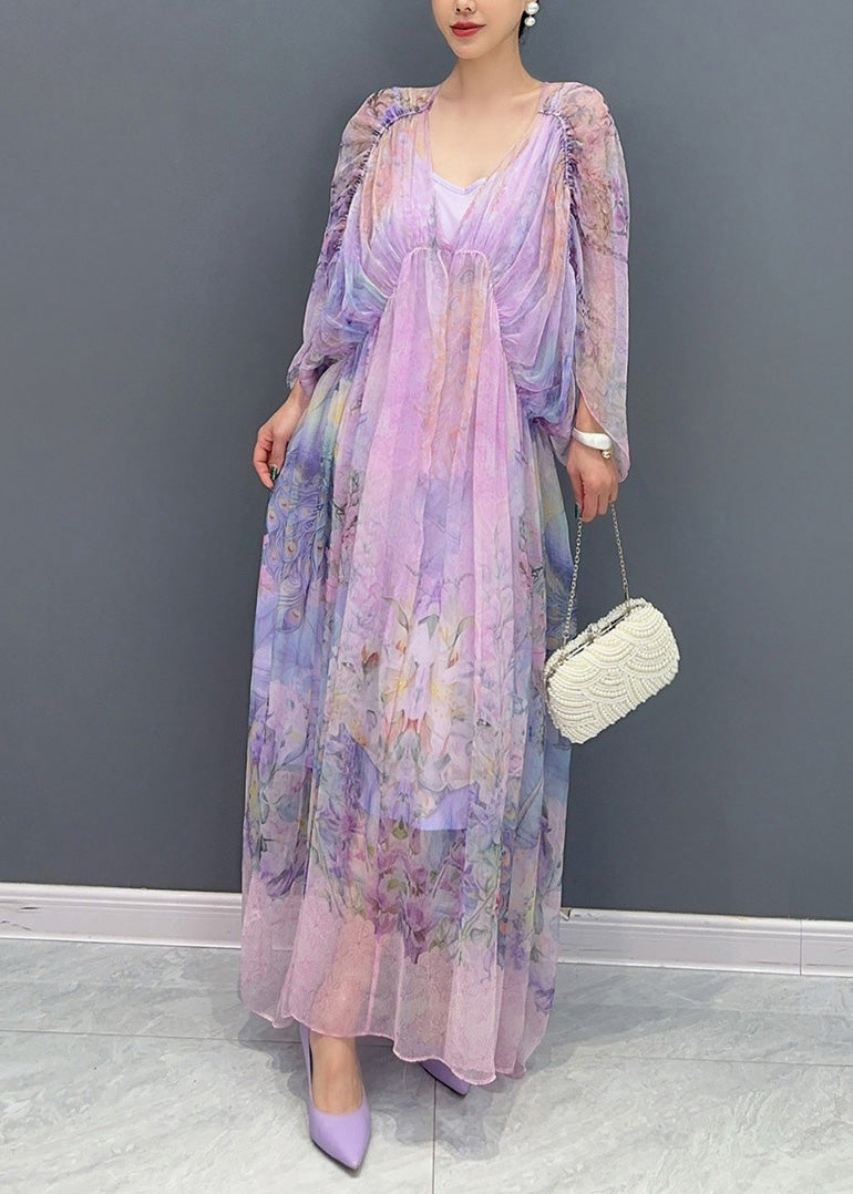 Women Lavender U Neck Print Patchwork Long Dresses Summer