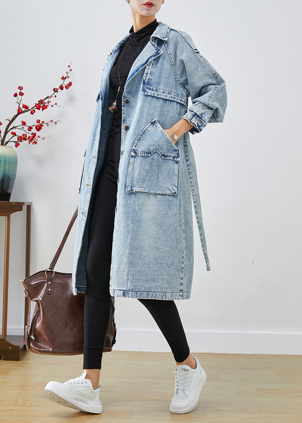 Women Light Blue Lapel Patchwork Denim Trench Coats Fall