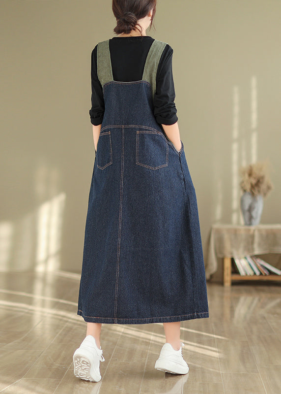 Women Navy Button Wrinkled Denim Long Dress Sleeveless