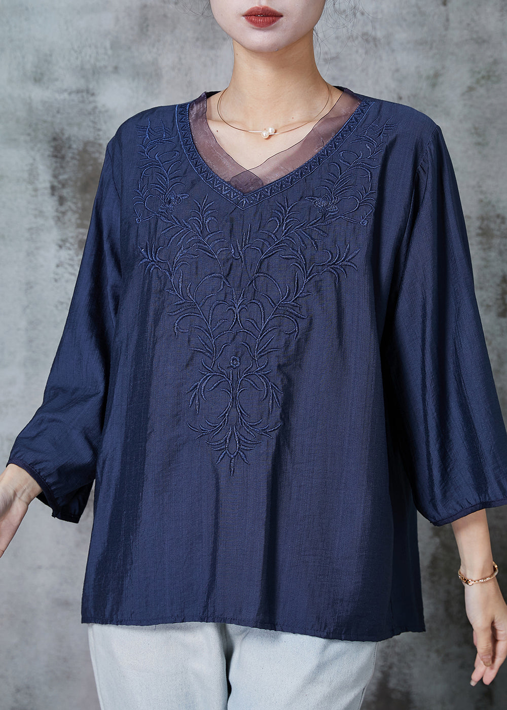 Women Navy Embroidered Cotton Shirt Top Half Sleeve