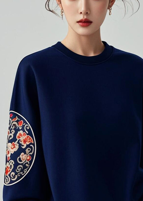 Women Navy O Neck Print Cotton Pullover Sweatshirts Fall