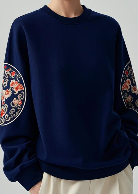 Women Navy O Neck Print Cotton Pullover Sweatshirts Fall