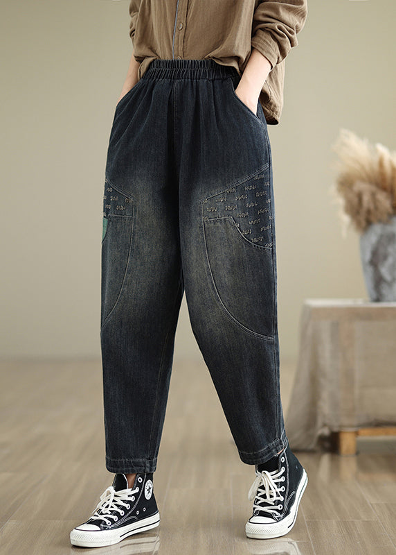 Women Navy Pockets Elastic Waist Denim Pants Fall