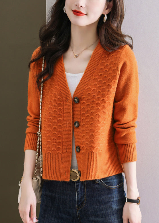 Women Orange V Neck Button Wool Knit Cardigan Winter