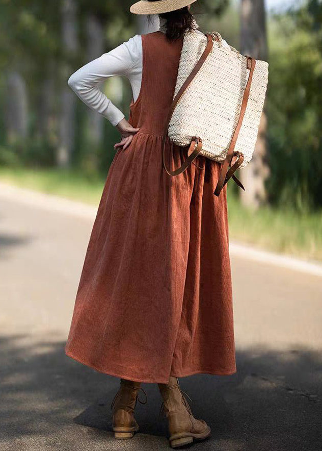 Women Orange Wrinkled Pockets Corduroy Vest Dresses Sleeveless