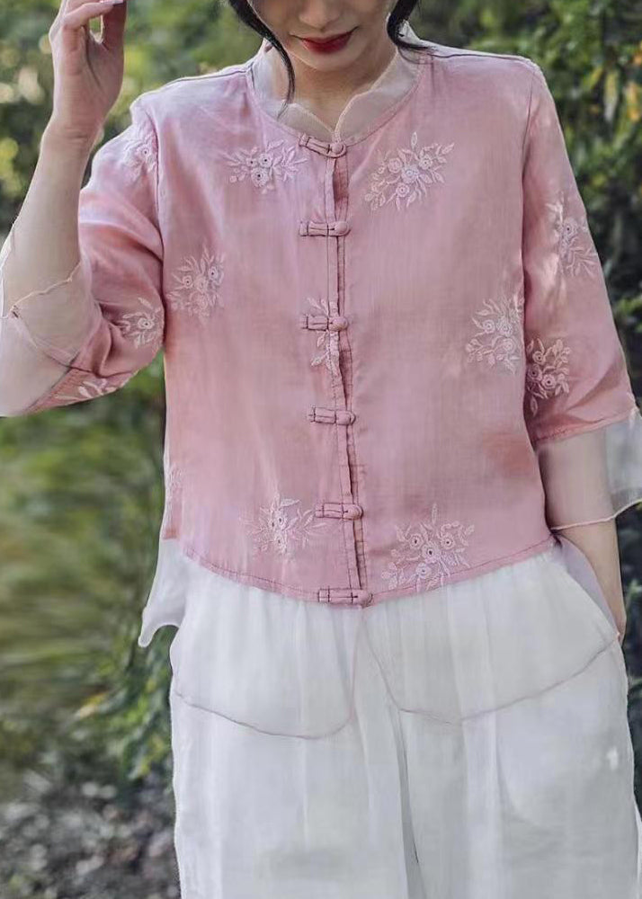 Women Pink Embroidered Button Linen Shirt Bracelet Sleeve