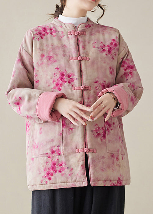 Women Pink Print Button Pockets Cotton Filled Parkas Winter