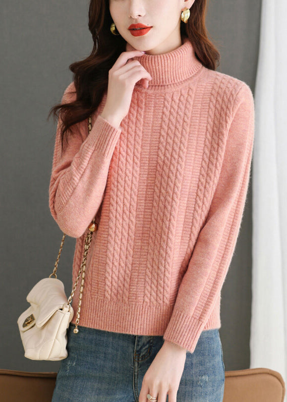 Women Pink Turtleneck Solid Knit Sweater Winter