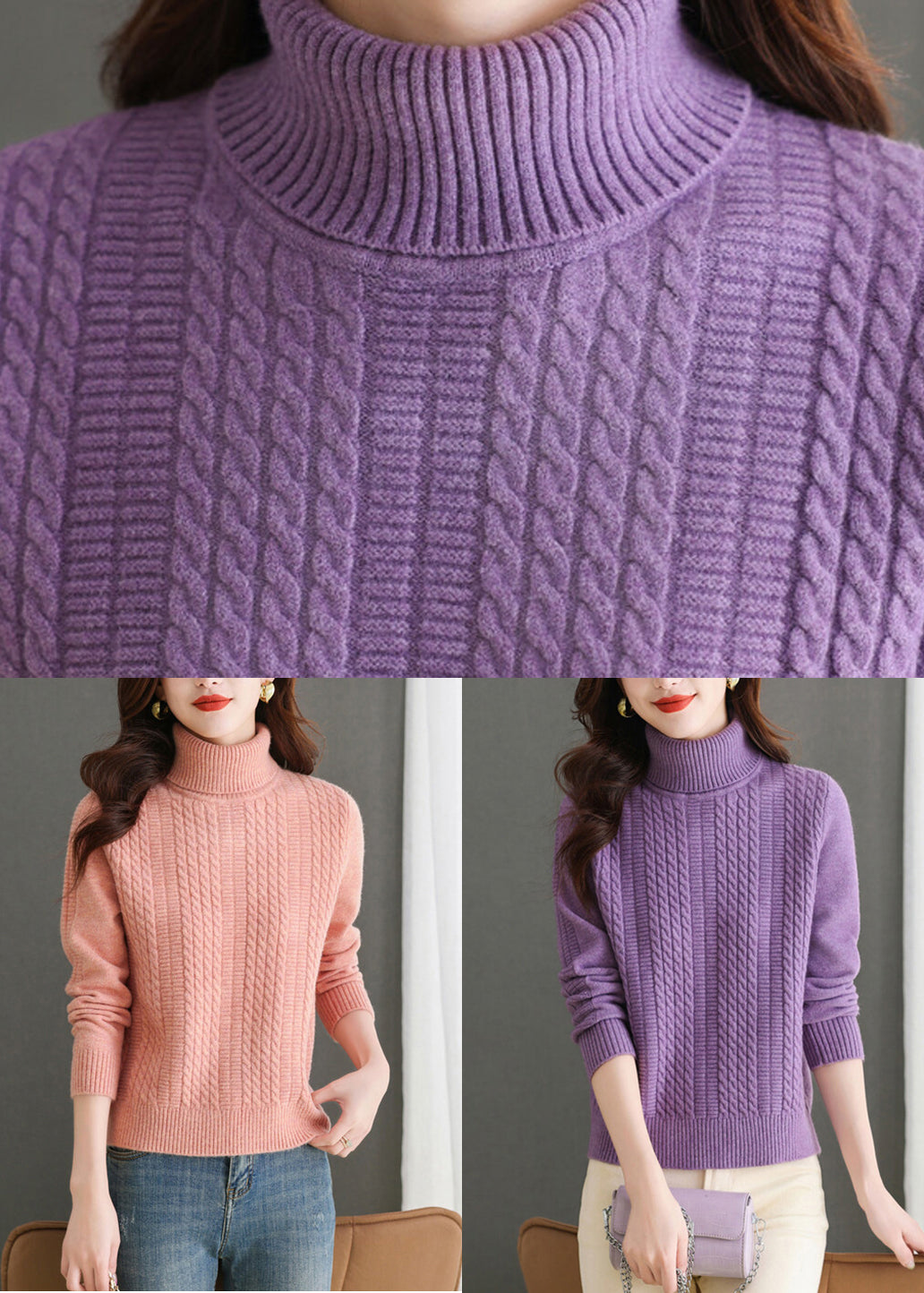 Women Pink Turtleneck Solid Knit Sweater Winter