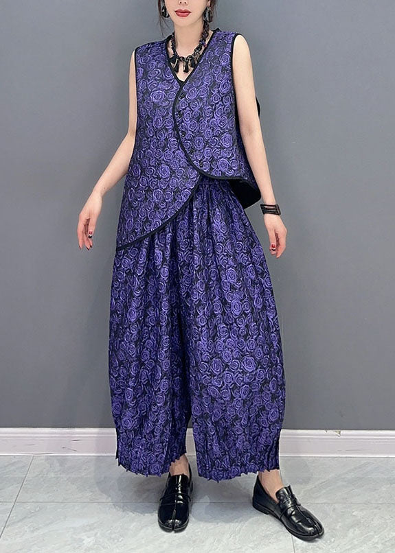 Women Purple Jacquard Vest And Pants Cotton Two Piece Set Summer