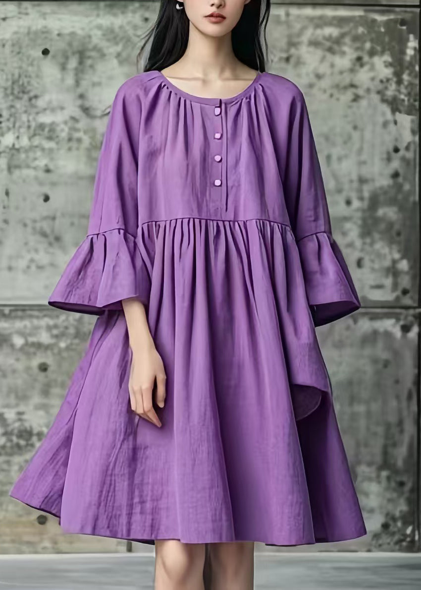 Women Purple Oversized Cotton Mid Dresses Flare Sleeve