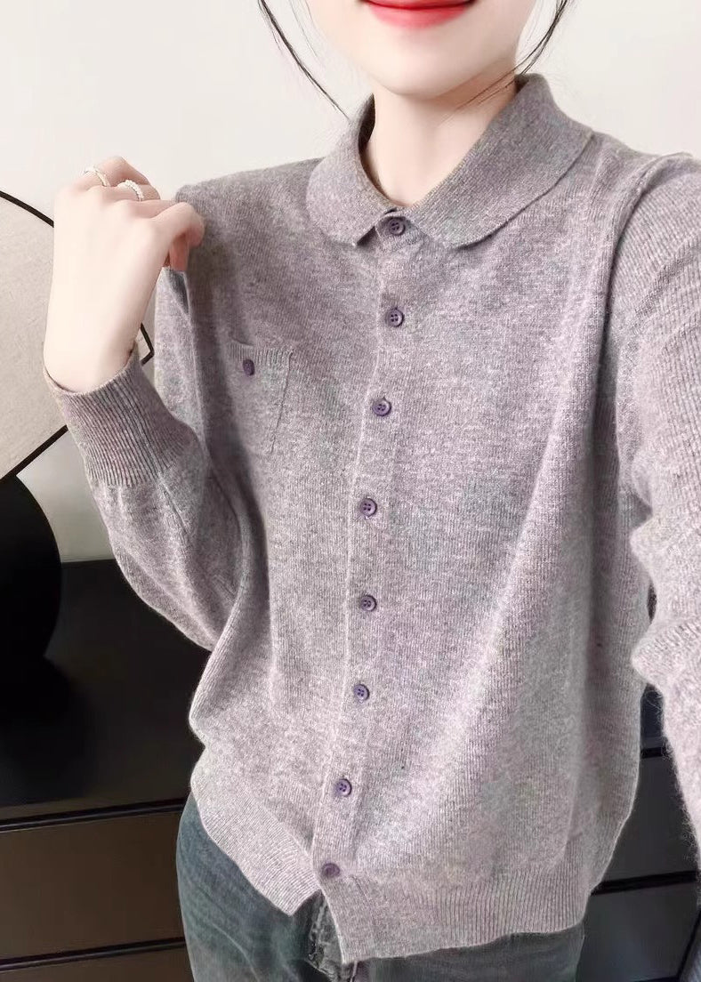 Women Purple Peter Pan Collar Button Knit Sweater Fall