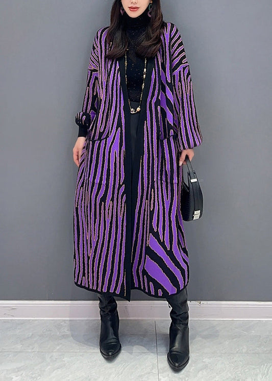 Women Purple Striped Pockets Patchwork Knit Long Cardigan Fall