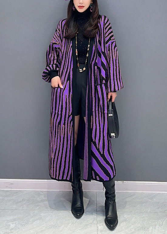 Women Purple Striped Pockets Patchwork Knit Long Cardigan Fall