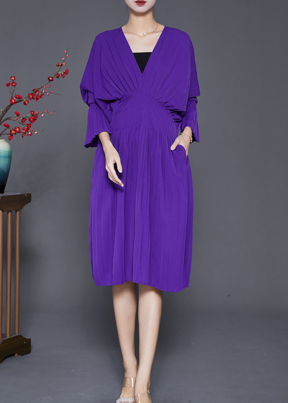 Women Purple V Neck Silm Fit Cotton Pleated Dress Fall