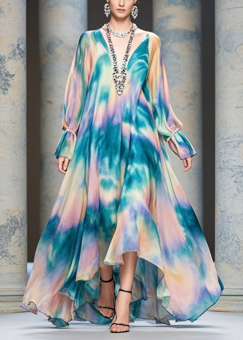 Women Rainbow Tie Dye Exra Large Hem Chiffon Beach Dress Fall