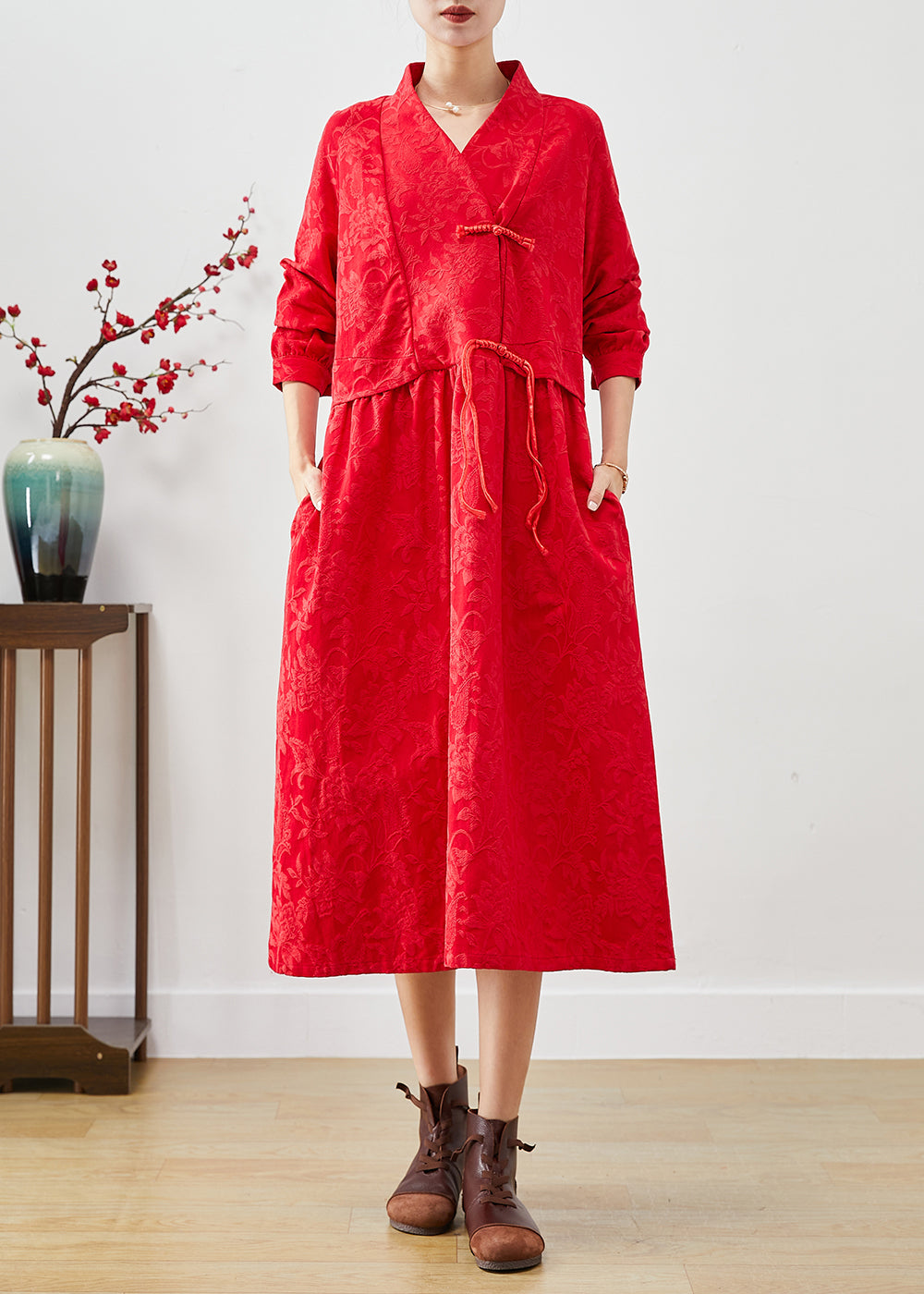 Women Red Chinese Button Jacquard Dresses Fall